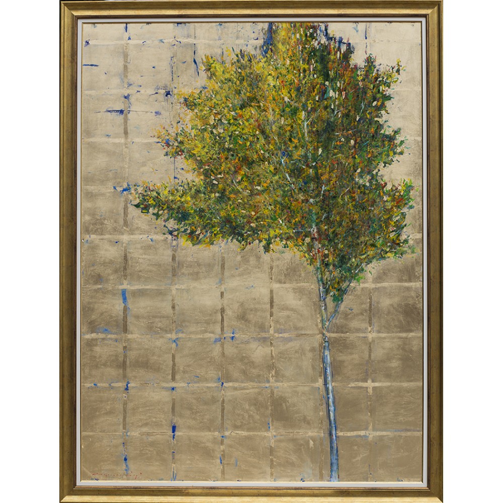Copacul meu - pictură în ulei foiță aur, pe suport tare, artist Iurie Cojocaru