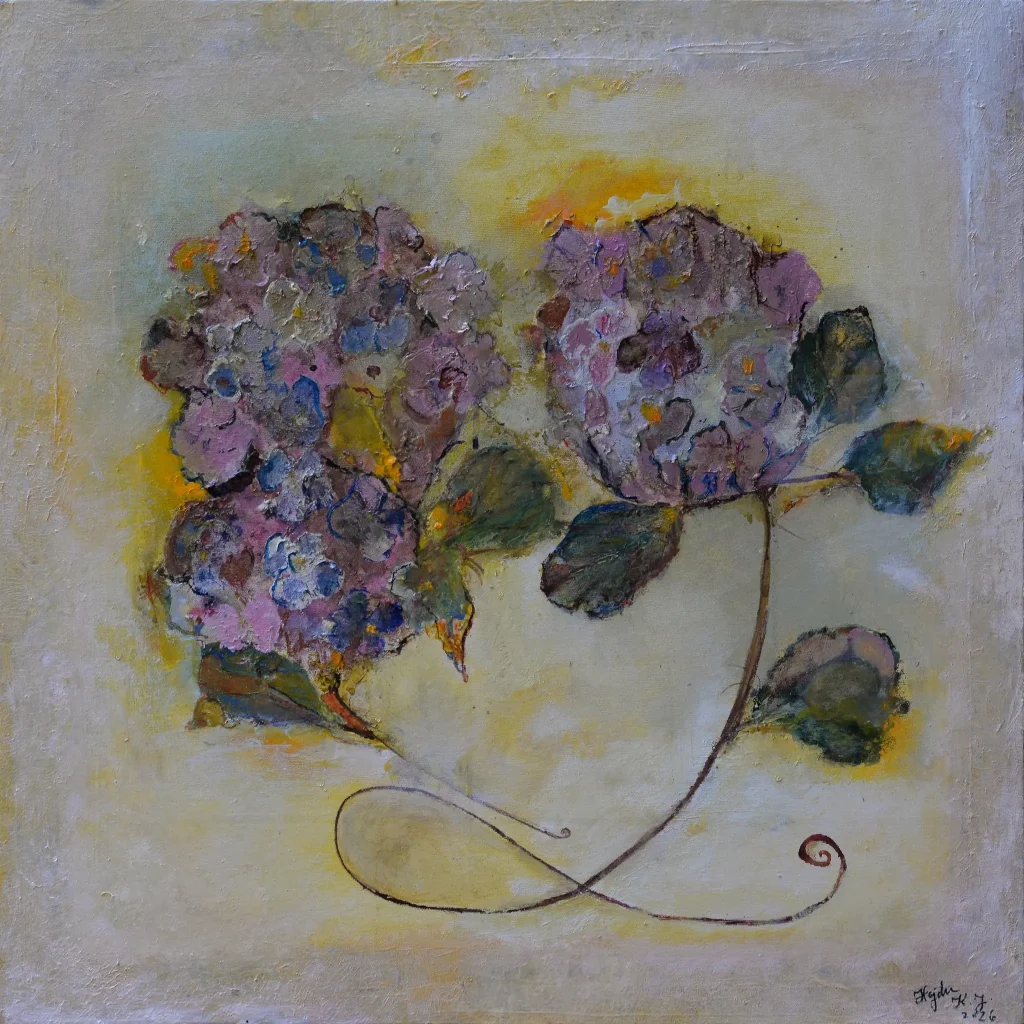Hydrangea Love, pictură în ulei de KATALIN JULIA HAJDU, 60 × 60 cm