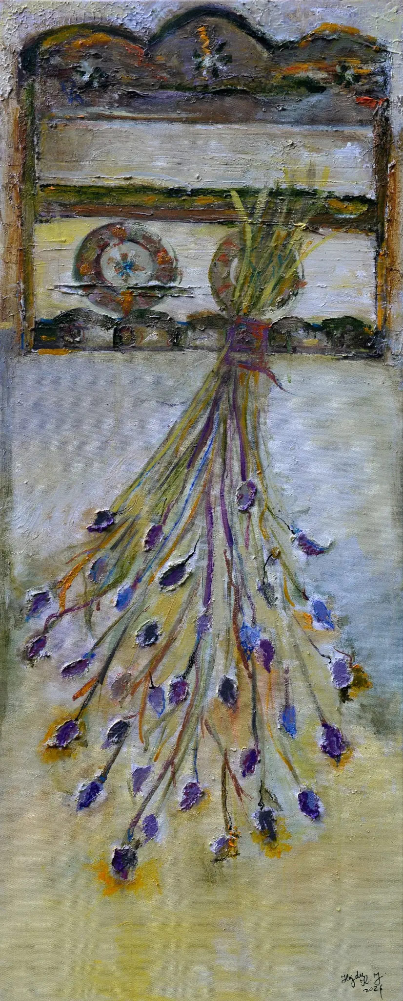 Ipostaze rurale I, pictură în ulei de KATALIN JULIA HAJDU, 100 × 40 cm