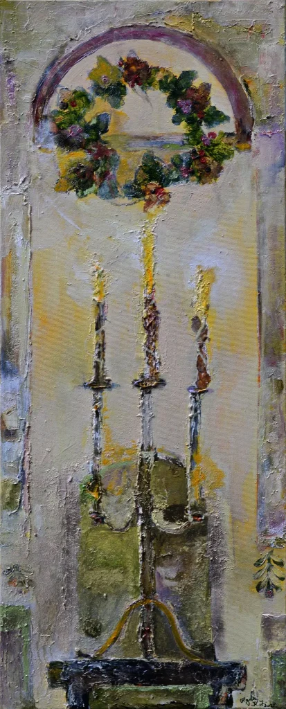 Meditație, pictură în ulei de KATALIN JULIA HAJDU, 100 × 40 cm